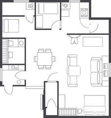 Residential apartment layout, home interior plan, furniture arrangement vector, CAD drawing, black and white architectural floor plan illustration