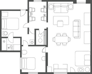 Residential apartment floor plan, black and white layout, furniture arrangement, architectural blueprint, interior design, vector illustration, CAD drawing flat vector illustration