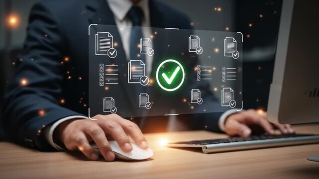 Professional businessman reviews digital documents and approves checklist items with glowing verification icons on futuristic screen
