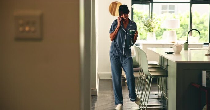 Happy woman, phone call and coffee with pajamas in home, contact and funny conversation in morning. Mature person, smartphone and smile with discussion, chat or story for gossip with tea at apartment