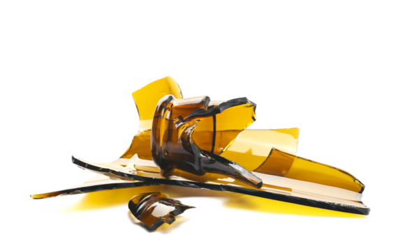 drinking bottle shattered, dust and piece texture and background, isolated on white, side view	