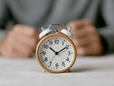 Retro alarm clock showing 10:10, set against a soft, blurred background of a person's hands and torso, evokes a sense of time awareness and quiet anticipation. - Powered by Adobe