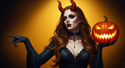 Woman with red horns and dramatic makeup holding a carved pumpkin for Halloween. Spooky costume party banner concept with demonic character for game or poster.