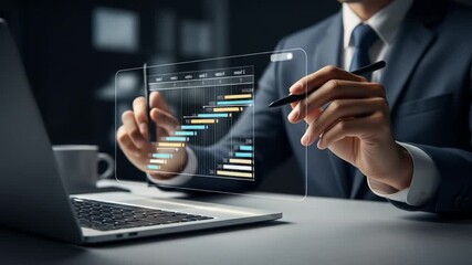 Professional businessman expertly analyzes dynamic project timeline on futuristic holographic display, driving business growth and success. - Powered by Adobe