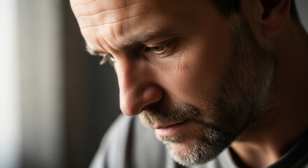 Obraz premium Introspective gaze: A close-up shot of a man's face reveals deep thought, a hint of concern, and a quiet moment of reflection. The image is an intimate exploration of human emotion.