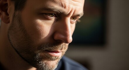 Introspective Reflection: A man with a contemplative gaze, bathed in soft lighting, portraying a moment of deep thought and introspection.