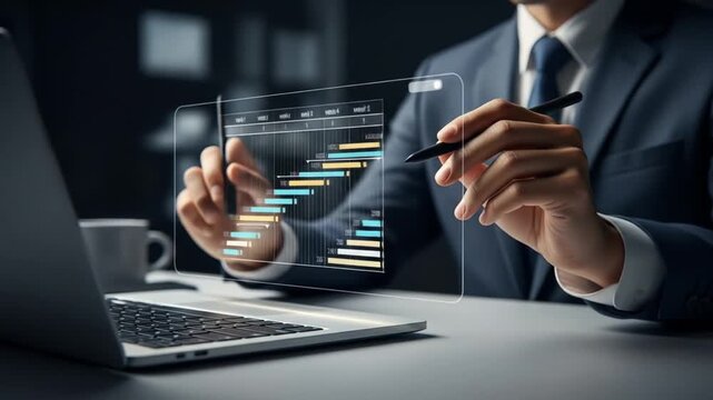 Professional businessman expertly analyzes dynamic project timeline on futuristic holographic display, driving business growth and success. - Powered by Adobe
