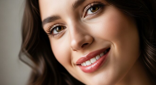 Radiant Smile: A portrait of a woman with a glowing complexion, her bright eyes and perfect smile radiating a sense of warmth and beauty.