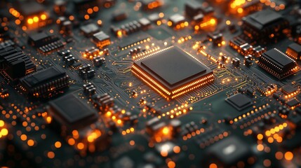 Obraz premium Exploring the intricate world of microchips and circuits illuminated with vibrant orange lights at night