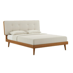 Modern upholstered bed with wooden frame isolated on transparent background