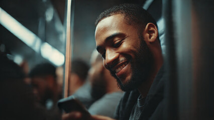 A smiling passenger captivated by his phone inside the train. Amidst the urban environment, this portrait encapsulates technology usage.