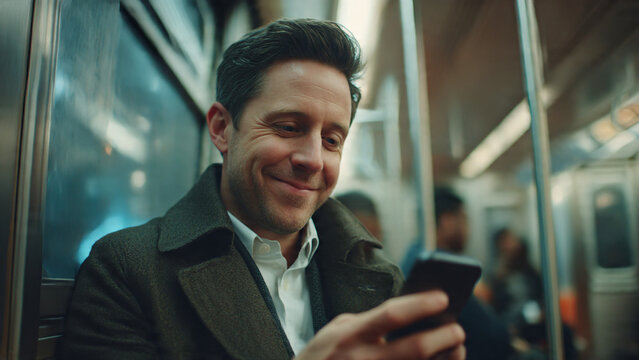 A commuting businessman finds himself immersed in his phone screen, lost in a world of digital content, while riding the subway, showing the combination of modern tech and city life.