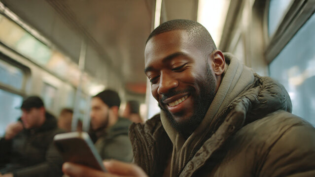 An individual finds enjoyment while using smartphone on public transport, a candid moment captured with warmth and realism, showcasing contemporary urban living. - Powered by Adobe
