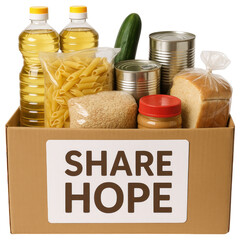 Box filled with food donations labeled share hope for community support