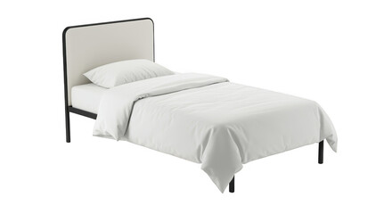 Single bed with white linens and headboard isolated on transparent background