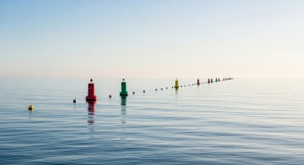 Vibrant buoys marking a calm sea horizon under a clear sky for nautical guidance and safety