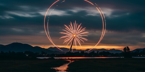 A long exposure photograph of a spinning Ferris wheel creating a circle of light with a firework exploding in the center at dusk.