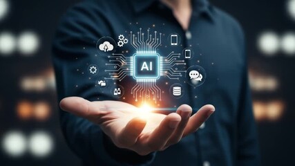 Dynamic AI technology concept presented by a professional, with glowing light and digital icons representing data and communication - Powered by Adobe