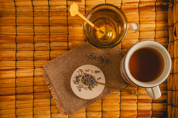 Overhead View of Lavender Tea Preparation with Two Mugs