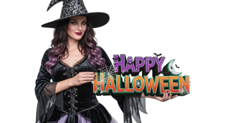 Woman in Witch Costume Holding Happy Halloween Sign