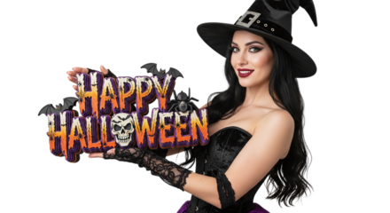 Woman in Witch Costume Holding Happy Halloween Sign