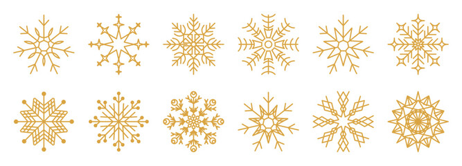 Snowflakes thin line icon. Christmas or New year winter snowfall symbol. Gold glitter collection. Editable stroke. Vector design elements