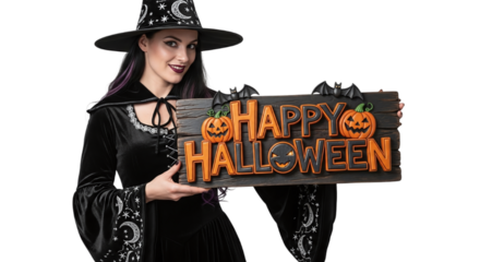 Woman in Witch Costume Holding Happy Halloween Sign