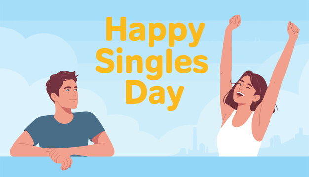 Happy Singles Day Celebration with Joyful Characters and Cityscape Backdrop