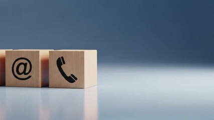 Contact us today: Modern wooden blocks showcasing email, at symbol, and phone icons, perfect for business communication and support