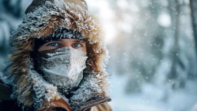 A man bundled up for winter walks through a snowy forest under a bright sky.