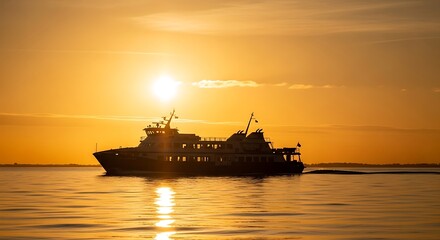 Fototapeta premium Ferry Boat Sailing into the Sunset on Calm Waters.