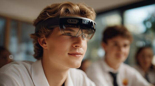 Student browsing educational websites in augmented reality classroom, showing expressions of focus and fascination, symbolizing immersive learning, AI-assisted content, and futuristic knowledge
