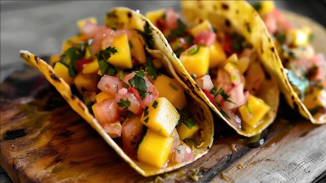 An appetizing close-up view of three tacos filled with vibrant ingredients like red onion, tomato, and avocado. The tortilla is folded to reveal the contents inside.