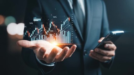 Dynamic businessman presenting financial data charts with smartphone, showcasing market analysis and investment strategies for business success - Powered by Adobe