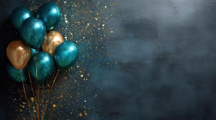 Festive teal and gold balloons scattered with shimmering gold confetti on a dark textured background