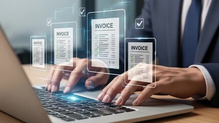 Professional businessman using laptop for digital invoicing and financial management, modern technology concept with invoices