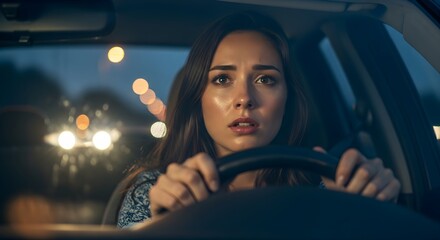 Woman Driving at Night in Traffic with Worried Expression and Headlights