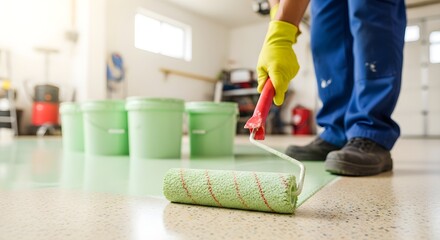 Painting Garage Floor Applying Epoxy Coating with Roller for Durable Protection