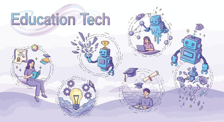 Naklejka premium Education technology concept with students, robots, and learning icons, representing the future of education and innovation