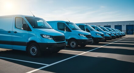 Fleet of Light Blue Delivery Vans Parked in a Row Distribution and Logistics Concept