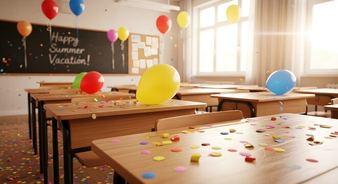 Empty Classroom with Balloons and Confetti Celebrating the Start of Summer Vacation