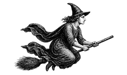 Witch Flying on Broomstick &ndash; Vintage Engraving Halloween Illustration, Vector and PNG Isolated on Transparent Background