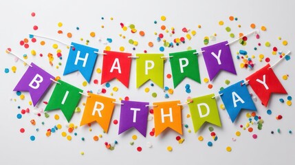 Colorful happy birthday banner with falling confetti and streamers on a white background celebration