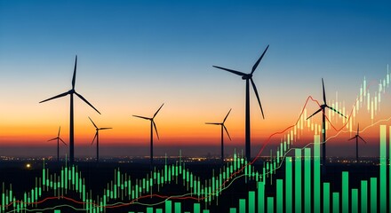 Wind Turbine Energy Success, Investment Growth and Financial Charts Overlay