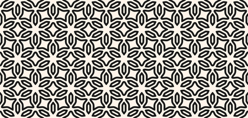 Abstract floral geometric ornament in Islamic style. Elegant vector seamless pattern. Black and white background with flower silhouettes, grid, lattice. Simple luxury repeating oriental geo design