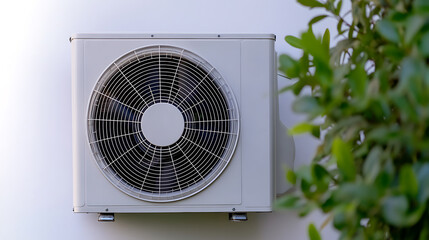 An outside wall-mounted unit for temperature control stands against a white wall, partially obscured by lush green foliage, merging technology with nature.