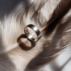 Fototapeta premium Ring placed on feathers, natural sunlight