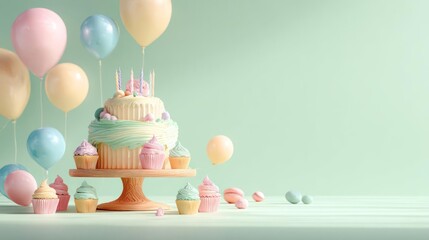 Whimsical pastel birthday cake adorned with candles and cupcakes surrounded by floating balloons and sweet treats on a light green background