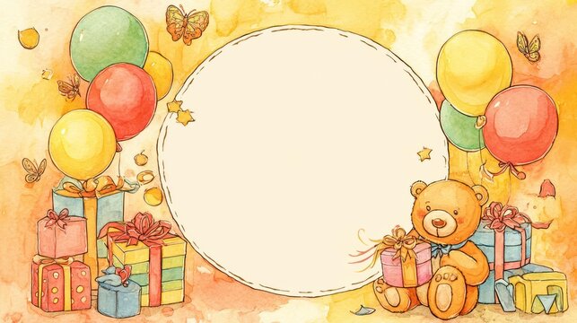 Whimsical watercolor birthday frame with teddy bear balloons and gift boxes for baby shower or celebration