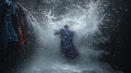 Medium shot capturing immersion hydrocarbon solvent cleaning as a worker submerges clothing into a solvent bath for thorough stain removal.